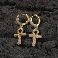 Ice Stone Iced Out Ankh Snake Cross CZ Hoop Earrings