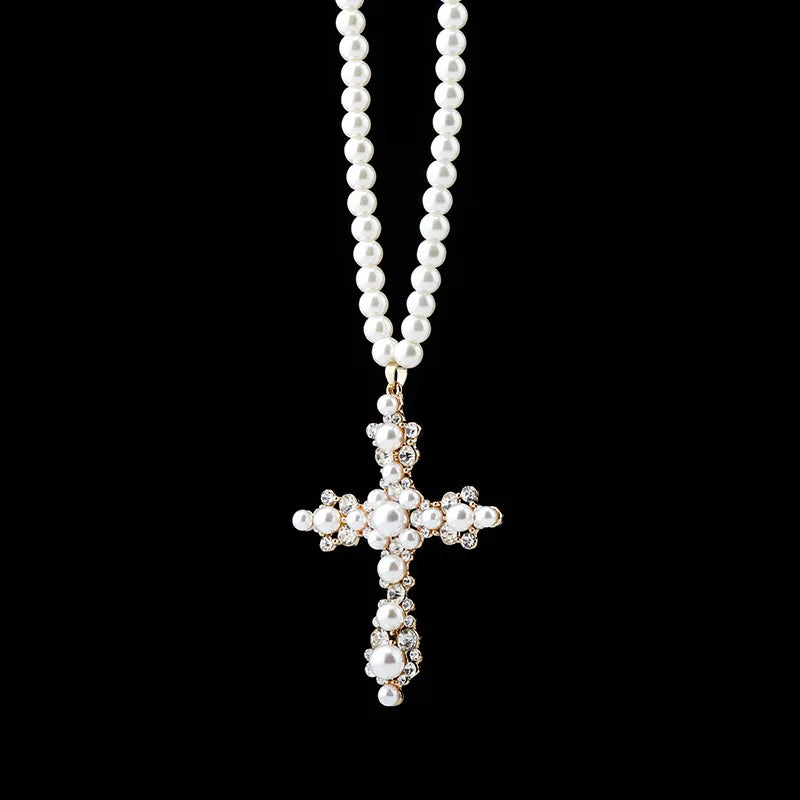 Ice Stone Gold Plated Pearl Cross Necklace Prayer Choker Jewelry Gift