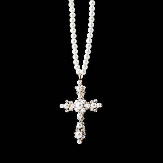 Ice Stone Gold Plated Pearl Cross Necklace Prayer Choker Jewelry Gift