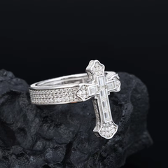 Ice Stone Moissanite Baguette Silver Cross Ring