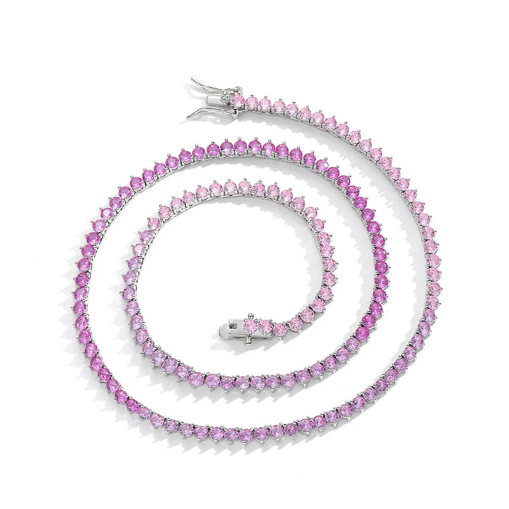 4mm Iced Out Trend Gradient Pink Tennis Chain Hip Hop Chains Bling Jewelry Brass 18K Gold Plated 5A CZ Shiny Necklace