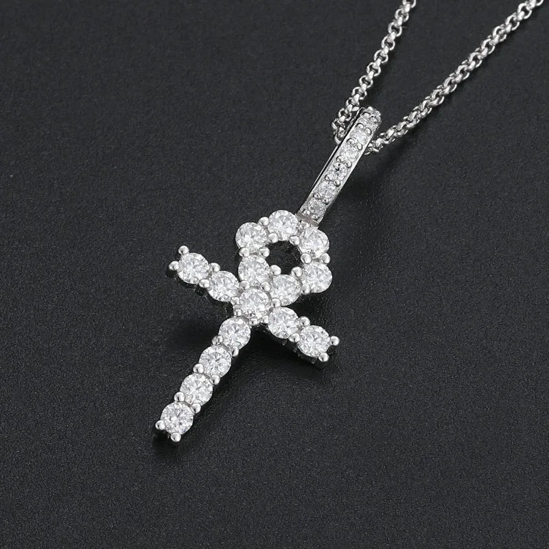 Premium Quality 925 Sterling Silver with Moissanite Pendant Iced Out Full Diamond Ankh Cross Pendant Past Diamond Tester