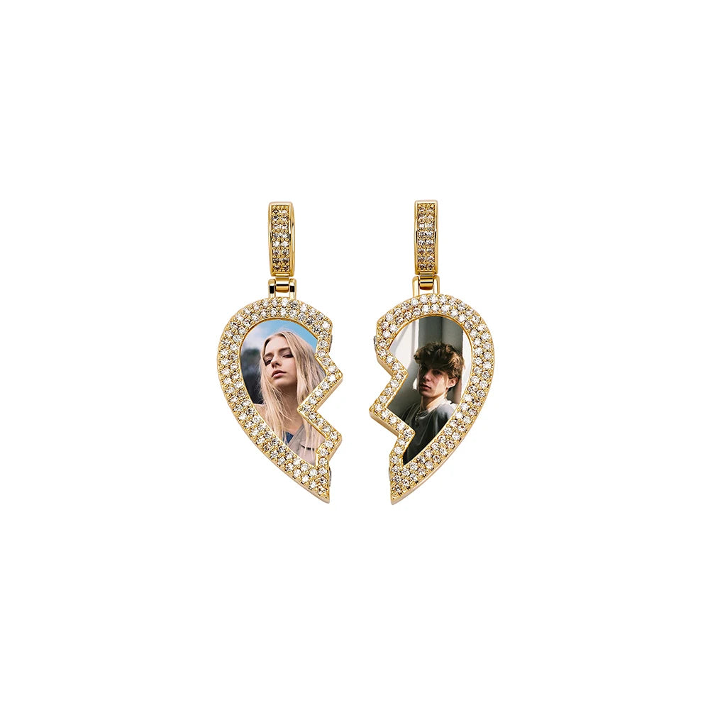 2022 New Arrival Luxury Hip Hop Custom Couple Photo  Pendant 2 Rows 3A CZ Seperate Heart Pendant Gold Plated Necklace Pendant