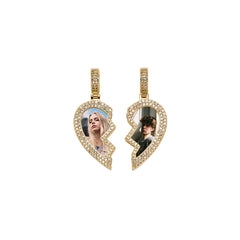 2022 New Arrival Luxury Hip Hop Custom Couple Photo  Pendant 2 Rows 3A CZ Seperate Heart Pendant Gold Plated Necklace Pendant