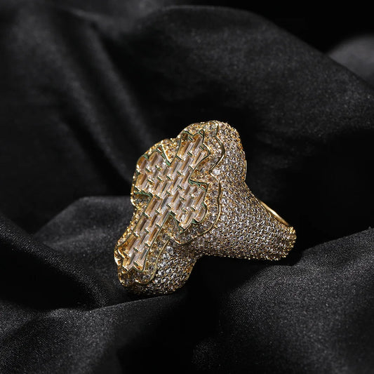 Top Icy Wholesale Trend Hip Hop Iced Out Cross Rings Fashion Jewelry 18K Gold Plated  Baguette Ring for Men Women