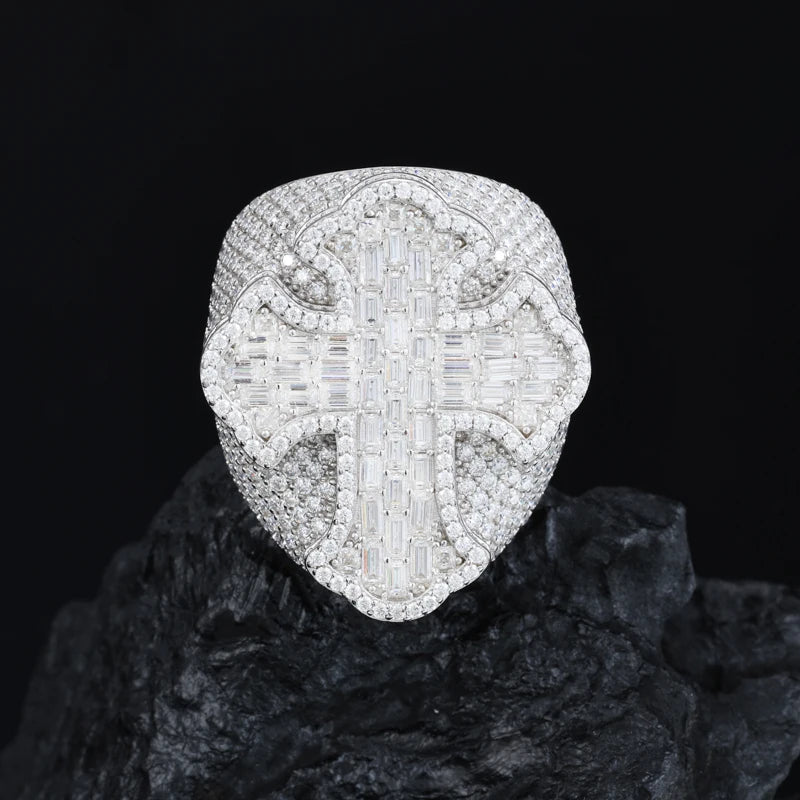 New Arrivals Micro VVS Baguette Moissanite Ring 925 Sterling Silver Hip Hop Rappers Cross Jewelry Bling Bling Cross Ring for Man