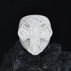 New Arrivals Micro VVS Baguette Moissanite Ring 925 Sterling Silver Hip Hop Rappers Cross Jewelry Bling Bling Cross Ring for Man