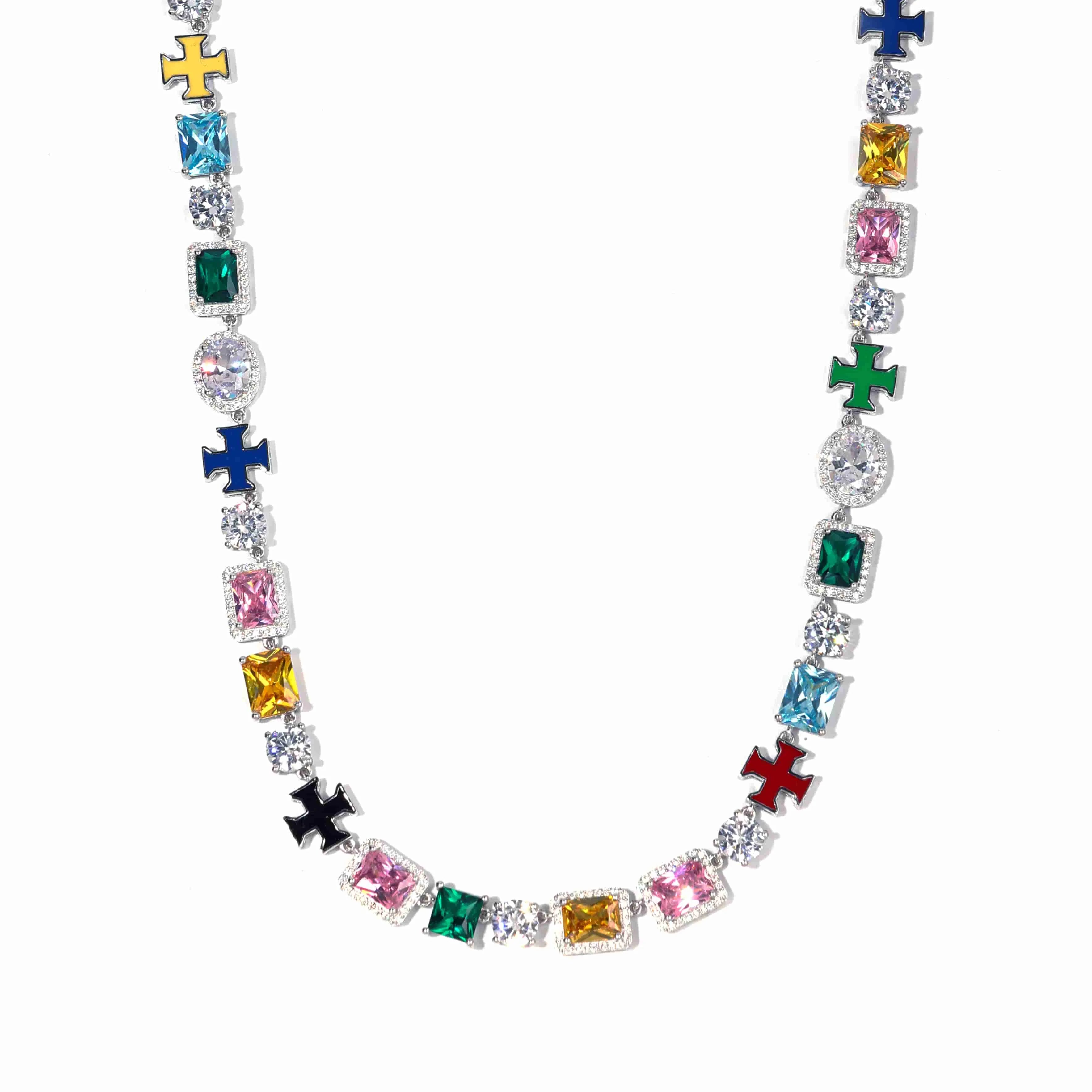 Gorgeous Mixed Gemstone Cross Tennis Chain Necklace Exquisite 925 Sterling Silver 5A CZ Enamel Necklace
