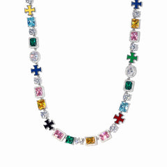 Gorgeous Mixed Gemstone Cross Tennis Chain Necklace Exquisite 925 Sterling Silver 5A CZ Enamel Necklace