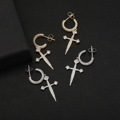 Ice Stone New Iced Out Sword Dagger Diamond CZ Earrings