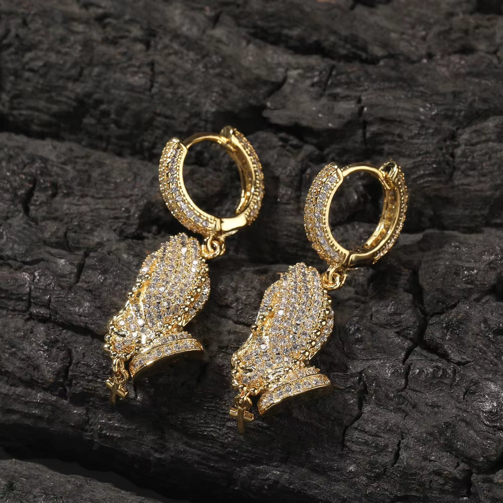 Ice Stone Christian Praying Hands Hoop Mini Cross Drop Earrings