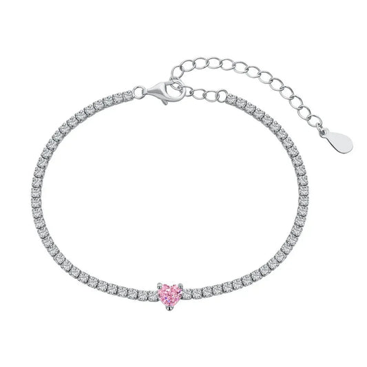 S925 Sterling Silver Fine Chain Link Bracelet for Women Exquisite Pink Heart Zircon Row Diamond Design European Bracelet