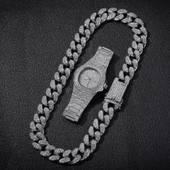 Ice Stone Gold Plated Miami Cuban Link Chain Necklace Set