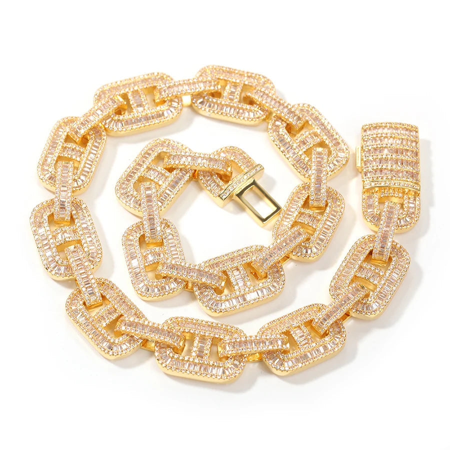 2021 Unique Design Hollow Rectangle Gold Silver Rose Gold 15mm Men baguette Cuban Link Chain Hip Hop Style Box Clasp Miami Cuban