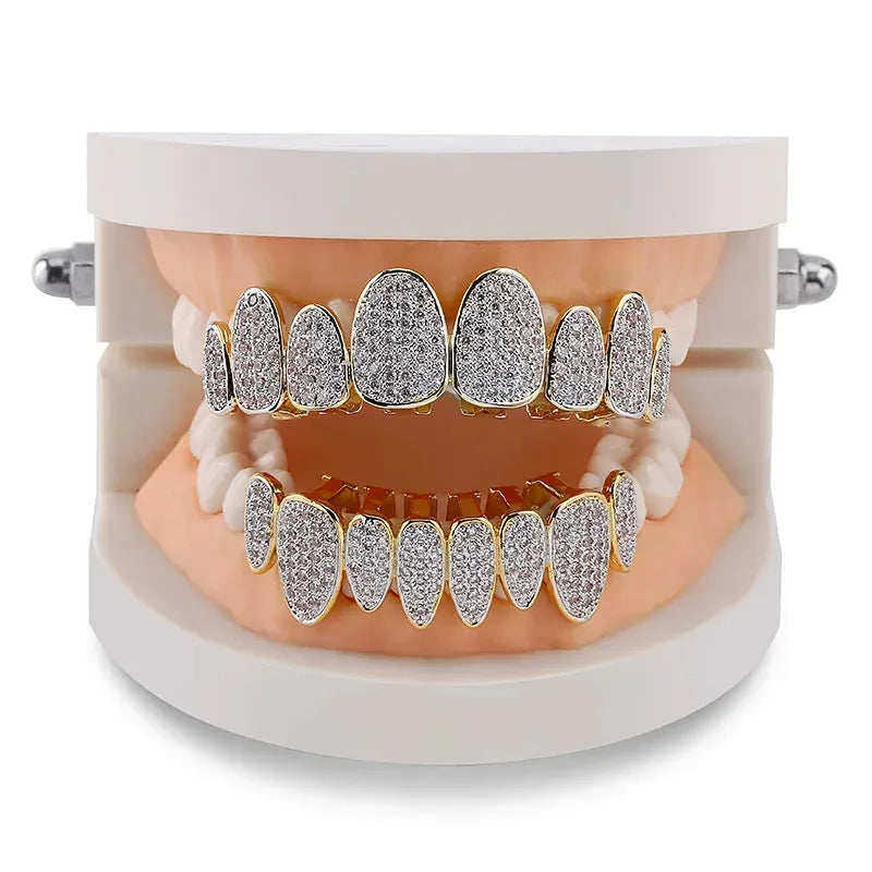 Hip Hop Gold Color Plated Teeth Grillz Caps CZ Micro Pave Exclusive Luxury Top&Bottom Gold Grillz Set
