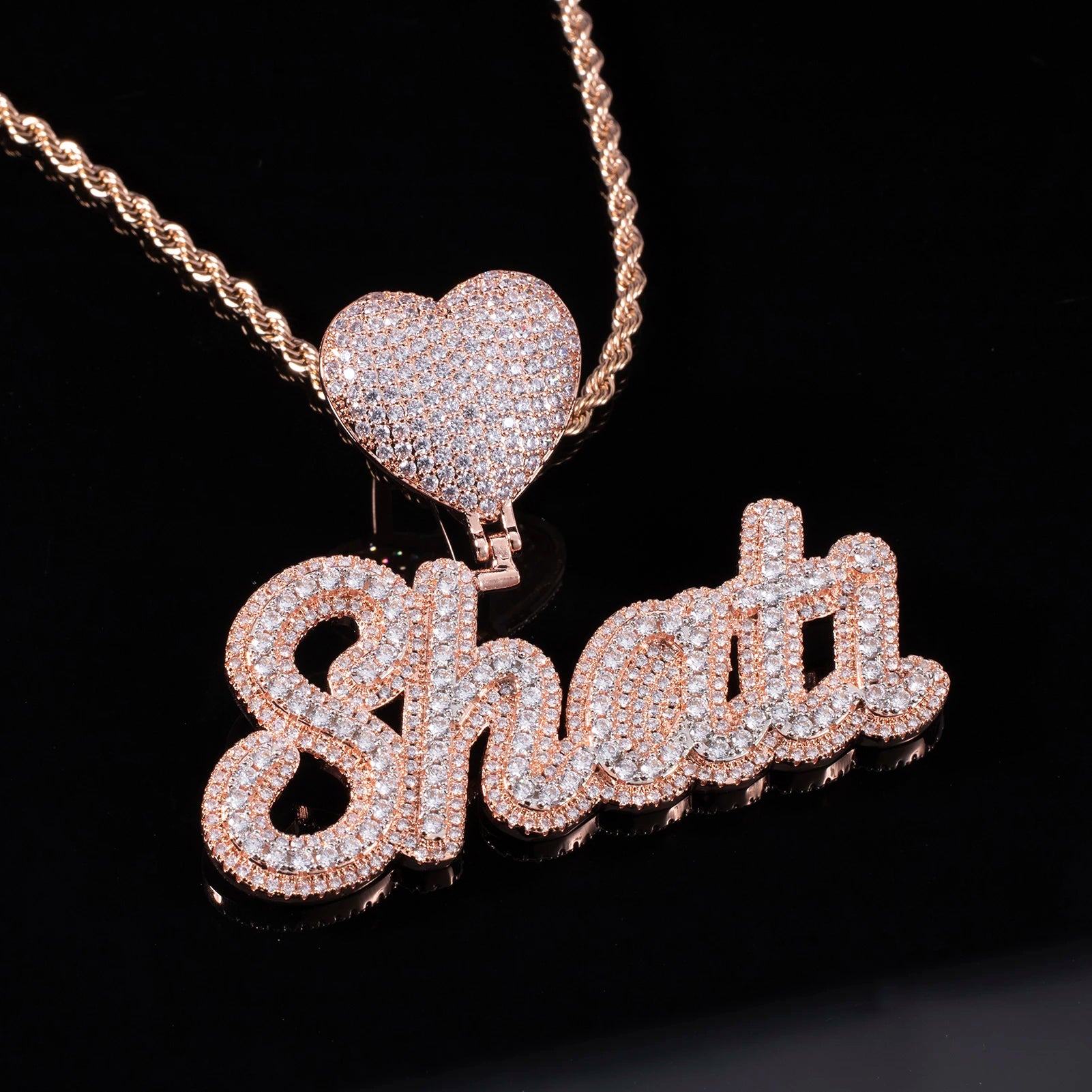 Cursive Font Heart Hook Rose Gold Solid Custom Pendant Iced Out Name Necklace Personalised Brass 18K Gold Plated 5A CZ