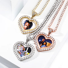 Hot Sale Hip Hop Rotatable Double Side Custom Photo Pendant Necklaces Iced Out Heart Custom Picture Pendants for Men Women