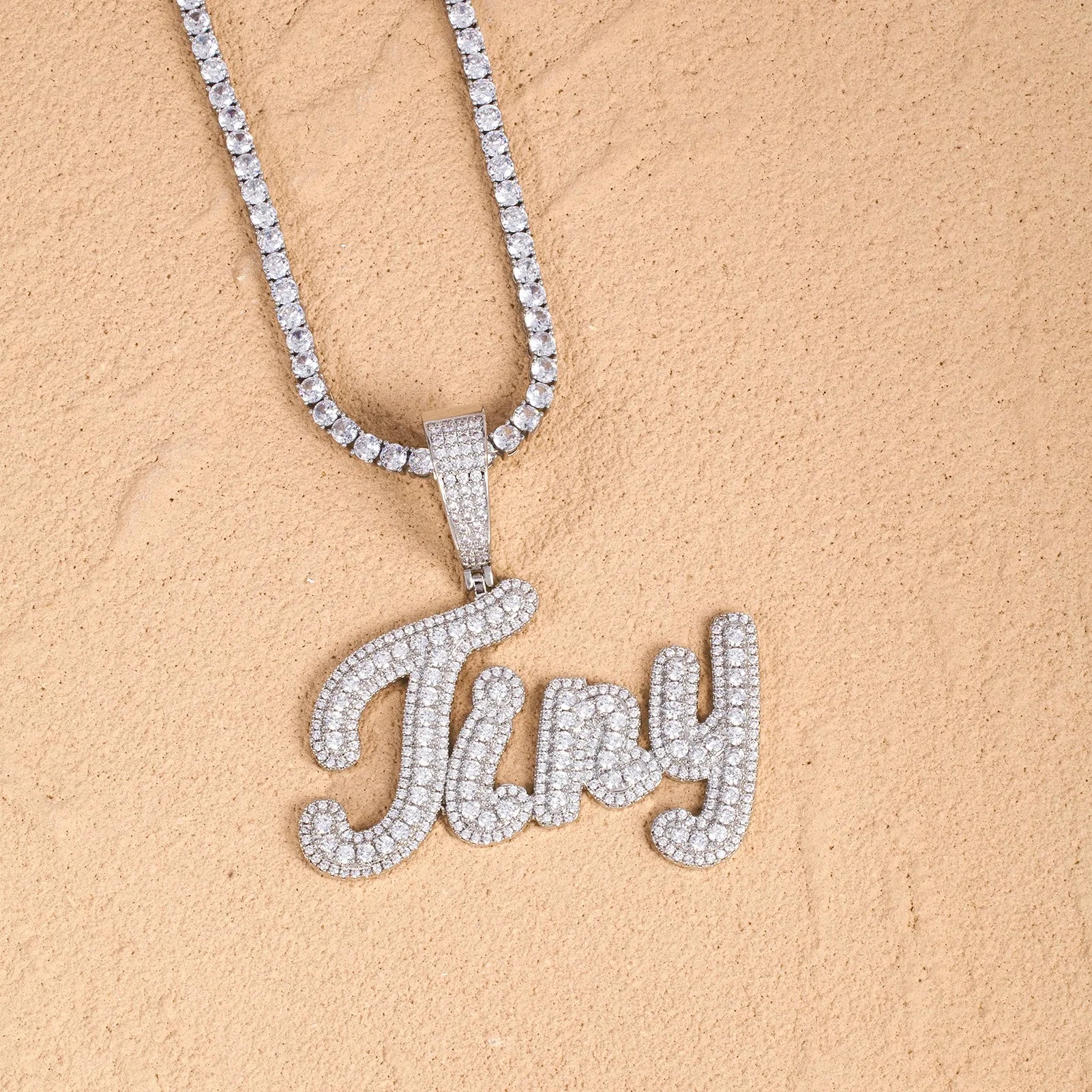 Hip hop Jewelry Custom Brush Cursive Letter Two Tone Name Necklace Pendant Personalised Diamond Chain