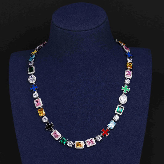 Gorgeous Mixed Gemstone Cross Tennis Chain Necklace Exquisite 925 Sterling Silver 5A CZ Enamel Necklace