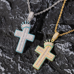 Top Icy Iced Out Baguette Crown Cross Pendant Brass 18K Gold Plated CZ Fashion Jewelry Pendants Punk Necklace for Men