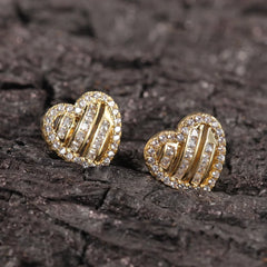 Ice Stone Hip Hop Fashion Brass 18K Gold Plated Heart Stud Earrings