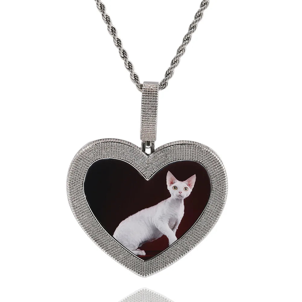 Memorial Custom Heart Shape Photo Pendant Hip Hop Jewelry Iced Out Picture Pendant Necklace Valentine's Day Gift