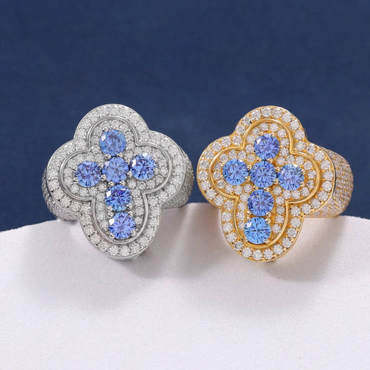 New Design Rappers Cross Moissanite Diamond Blue CZ Rings 925 Sterling Silver Pass Test Jewelry Gift Wholesale Geometric Ring