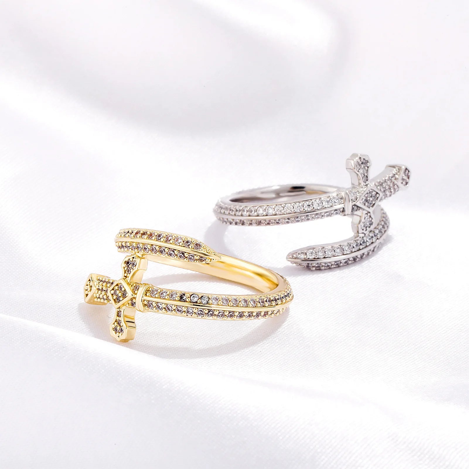 TOP ICY Iced Out Ring Brass Gold Plated AAA Cubic Zirconia Bling Jewelry Sword of Justice Ring for Men Women