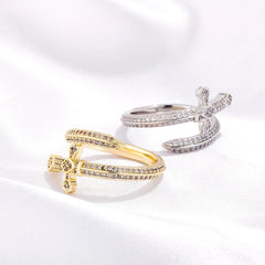 TOP ICY Iced Out Ring Brass Gold Plated AAA Cubic Zirconia Bling Jewelry Sword of Justice Ring for Men Women