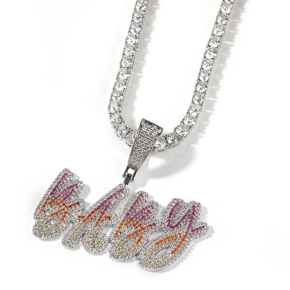 New Multi Color Brush Font Custom Name Necklace Letters Pendant Iced Out Letters Pendant Necklace Personalized