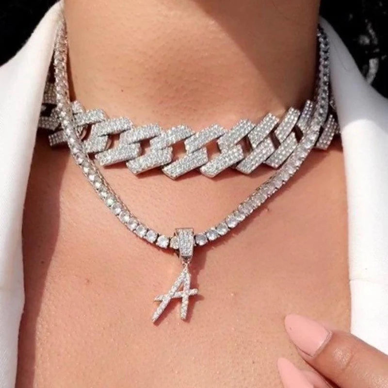 20mm Prong Cuban Link Chain choker Diamond Initial Necklace A-Z Letter personalized iced out Cuban Link initial Chain necklace