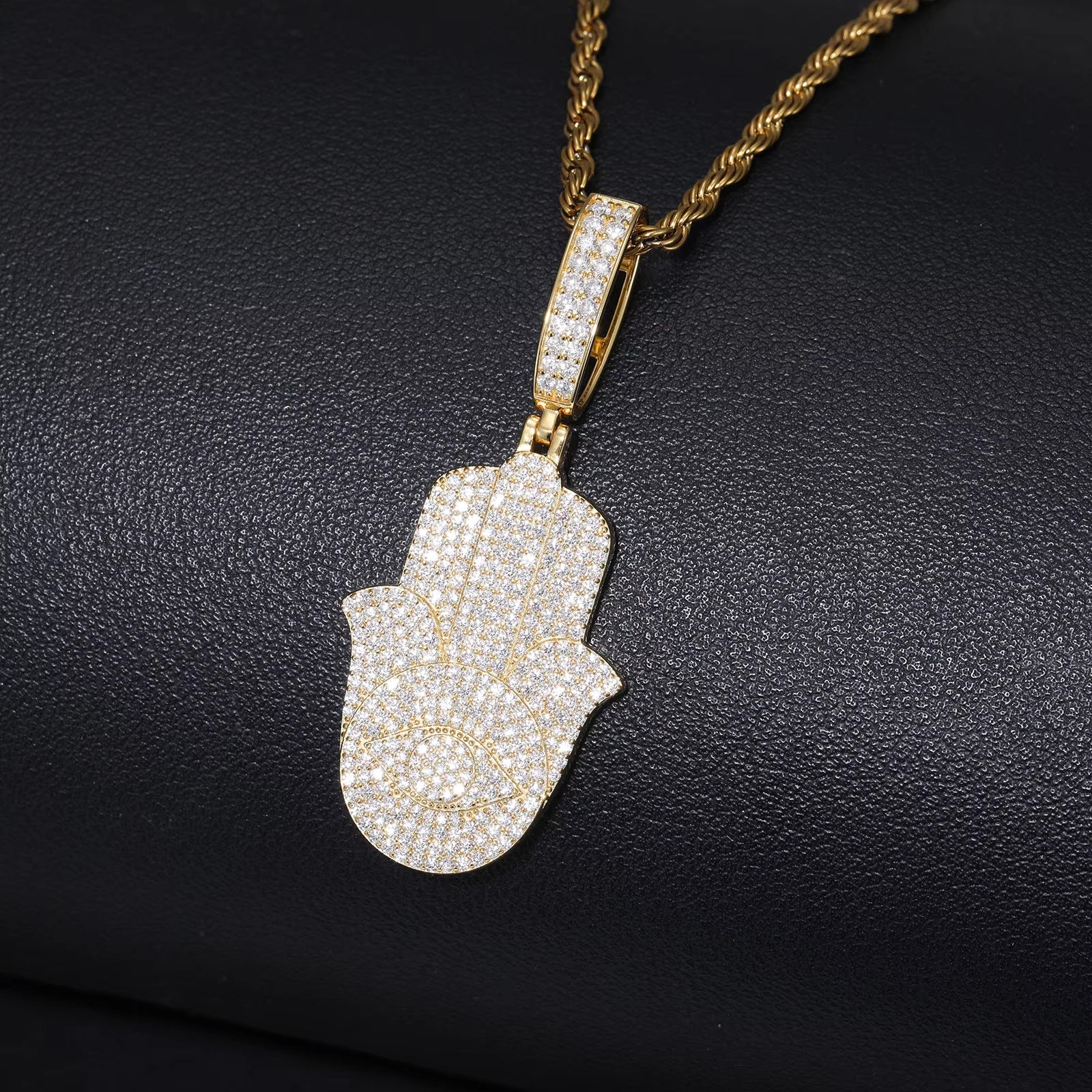 Ice Stone Fatima Hamsa 925 Silver Moissanite 18K Gold Pendant
