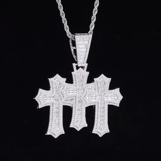 Ice Stone Fashion Baguette Triple Cross CZ Pendant Necklace