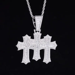 Ice Stone Fashion Baguette Triple Cross CZ Pendant Necklace