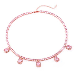 New Arrival 4mm pink Tennis Chain with Gem Pendant Charm Necklace with Extension Chain Iced Out Cz pink Necklace Set Jewelry