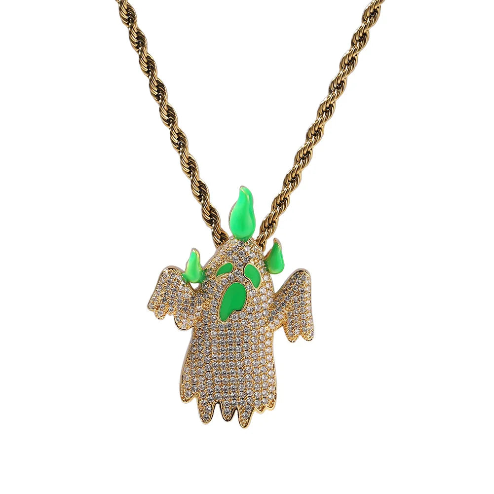 Top Icy Iced Out Luminous Enamel Glow Ghost Pendant Necklace Brass 18K Gold Plated CZ Fashion Jewelry Pendants Cute Dropshipping