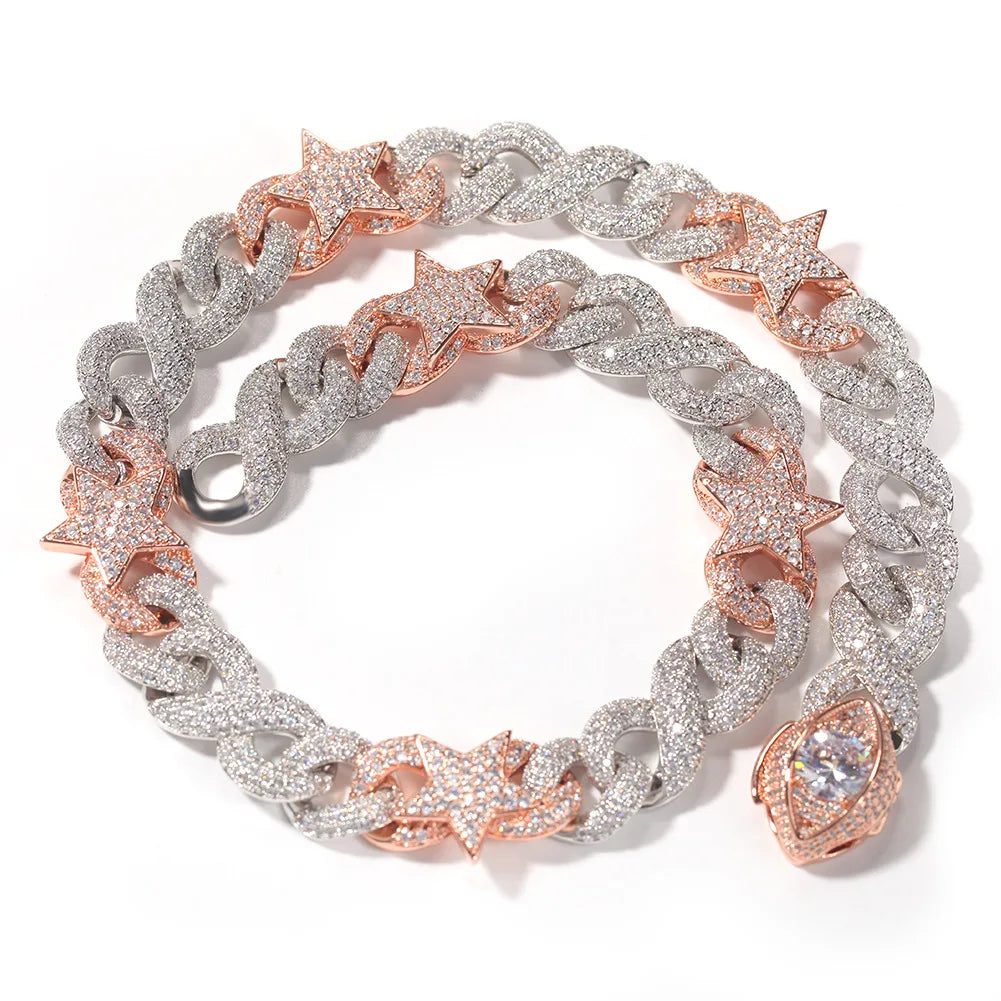 Hip Hop Fashion Luxury 16mm Silver Pink Two Tone Cuban Link Chain Jewelry Cuban Eye and Star Necklace
