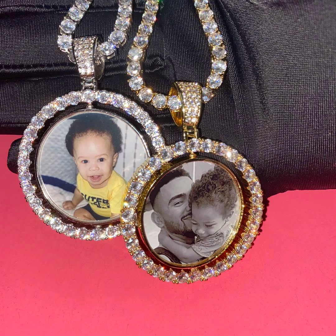 Top Icy Baguette Initial Pendants Wholesale Double Side Circle Good Memory Custom Picture Photo Necklace  Jewelry