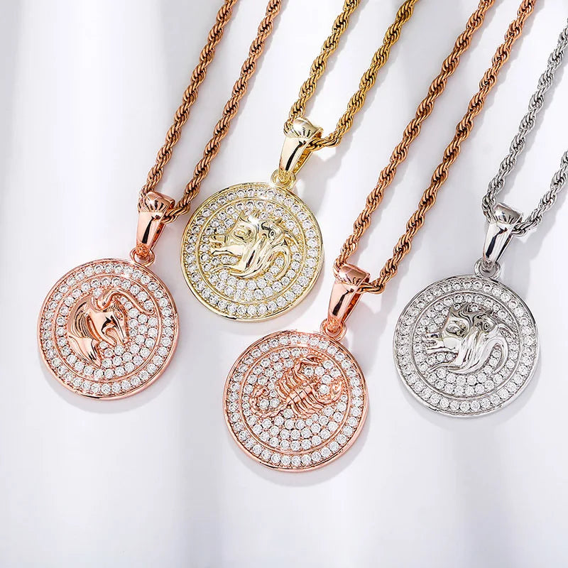 18k gold plated hip hop jewelry women men iced out coin shape 12 horoscope constellations pendant necklace zodiac sign necklace