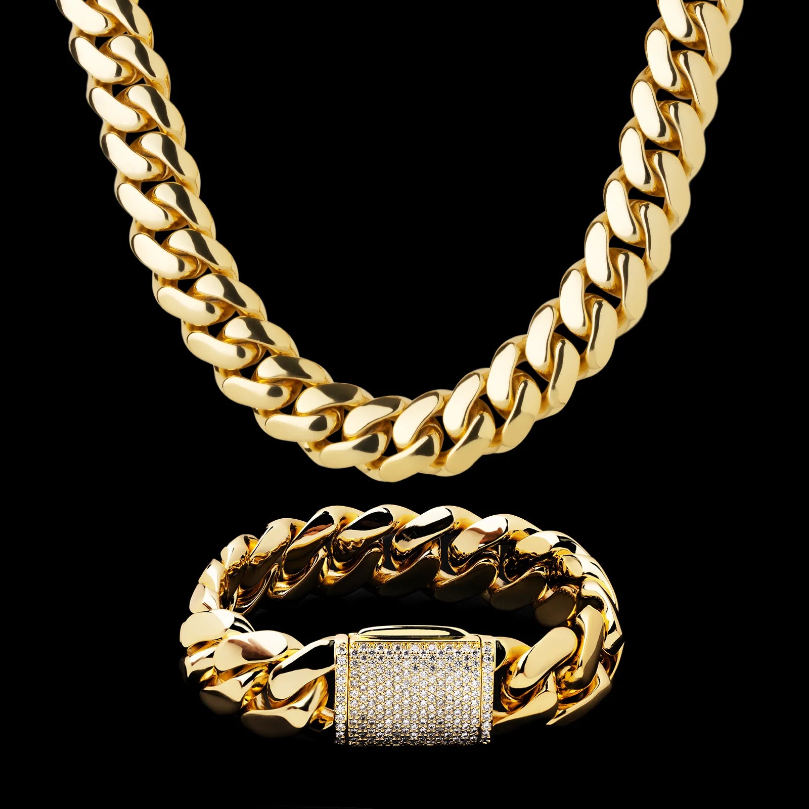 Luxury 10MM-22MM Mens Miami Cuban Link Bracelet Necklaces 14K 18K Real Gold Plated Custom Cuban Link Chain