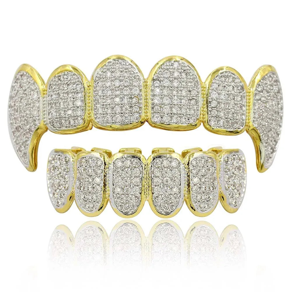 Classic 6/6 Hip Hop/Punk Teeth Grillz Set Gold Silver Teeth Grillz Top & Bottom Grills Dental Mouth Caps Cosplay Party