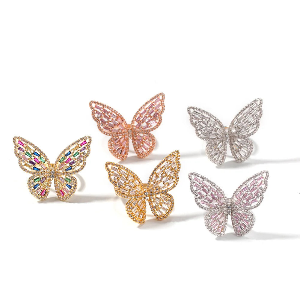 2020 new design Cute butterfly elegant women girl ring Resizable pink mix color rainbow butterfly iced out ring for women