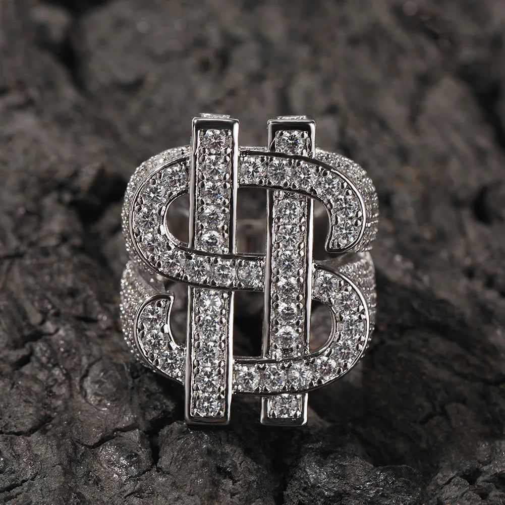 Luxury Full Diamond Dollar Sign Ring Hip Hop Mens Jewelry Iced Out Real Gold Plated Dollar Money Finger Ring