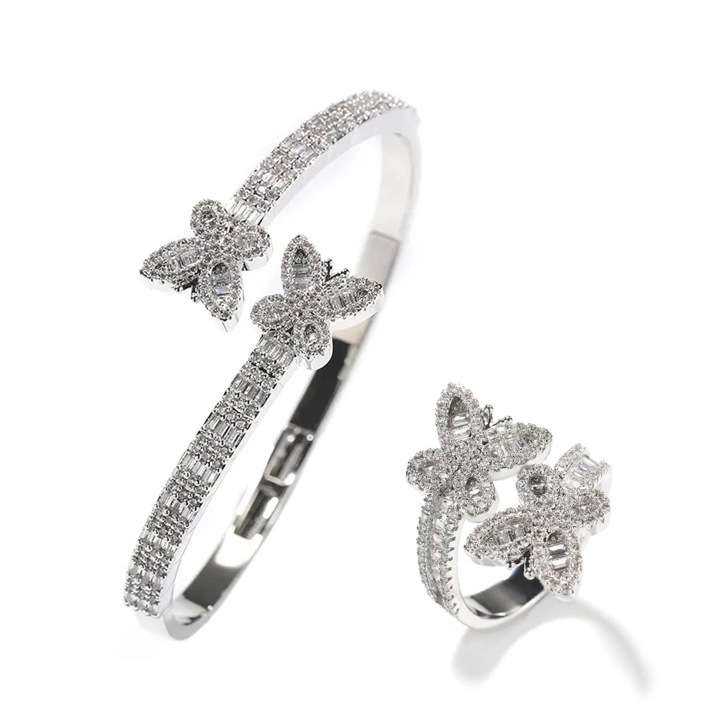 butterfly bracelet iced out fashion jewelry sets baguette cz 18k gold plating bling party fine jewelry bangle ring sets