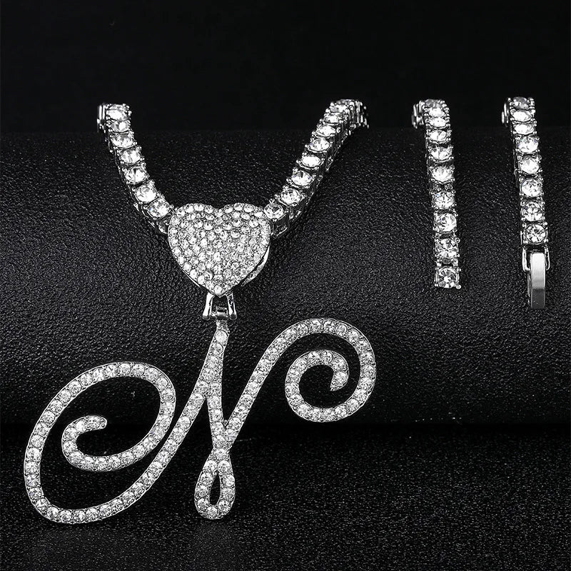 Hip Hop Initial Cursive Letter Heart Pendant Necklace Iced Out A-Z Bling Letter Pendant Necklace with Rope Chain Cuban Chain