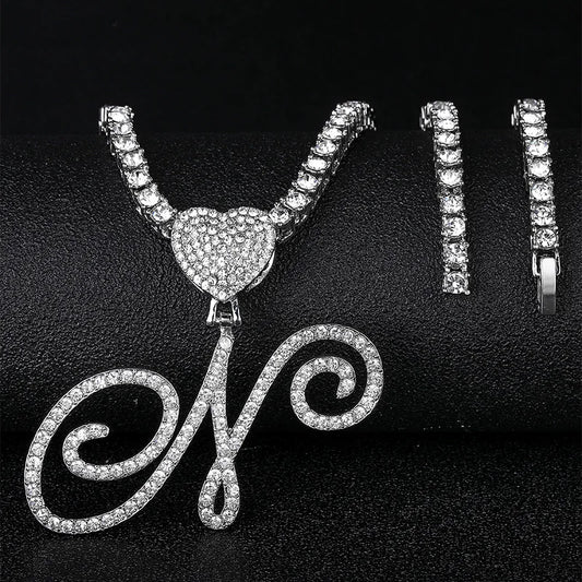 Hip Hop Initial Cursive Letter Heart Pendant Necklace Iced Out A-Z Bling Letter Pendant Necklace with Rope Chain Cuban Chain