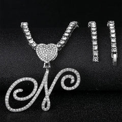 Hip Hop Initial Cursive Letter Heart Pendant Necklace Iced Out A-Z Bling Letter Pendant Necklace with Rope Chain Cuban Chain