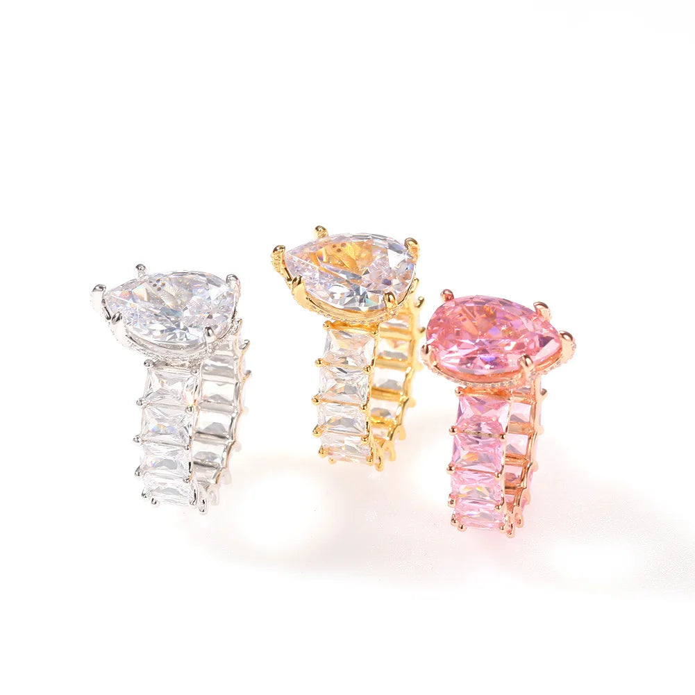 Big stone bling bling INS hot selling exaggerated girl ring pink silver crystal zircon brass iced out party ring for women