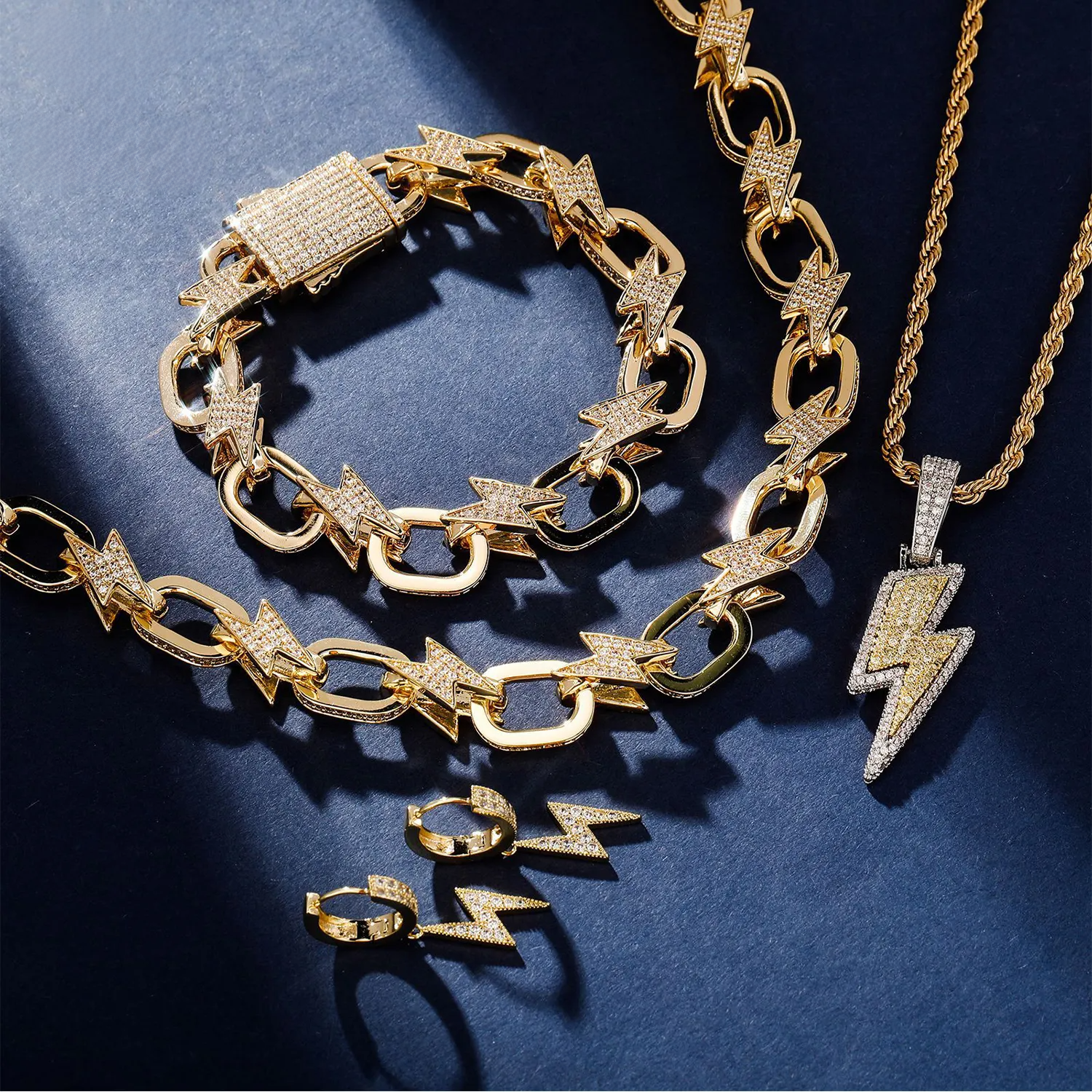 TOP ICY lightning Bracelet Necklace Jewelry Set Hip Hop CZ Lighting Design Pendant Earring Bling Bling Jewelry Bundle