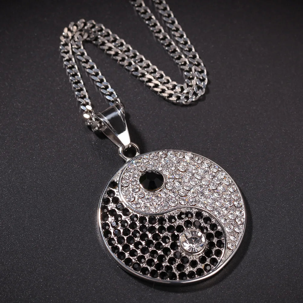 Yin Yang Tai Chi Pendants Necklaces for Men white black Round Stainless steel Ice Out Chinese Kungfu Hip Hop Rapper Jewelry